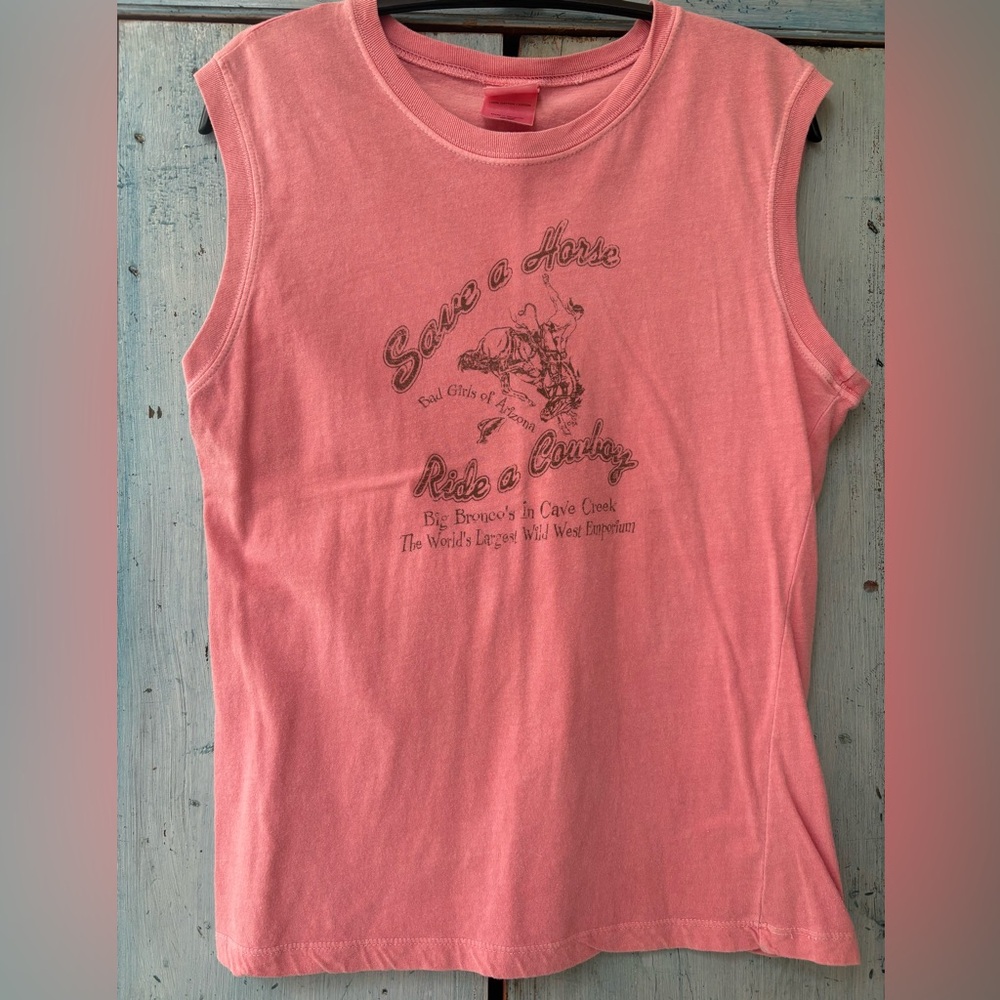 “Save a horse, ride a cowboy” Pink/Peach Graphic Tee with Western Print